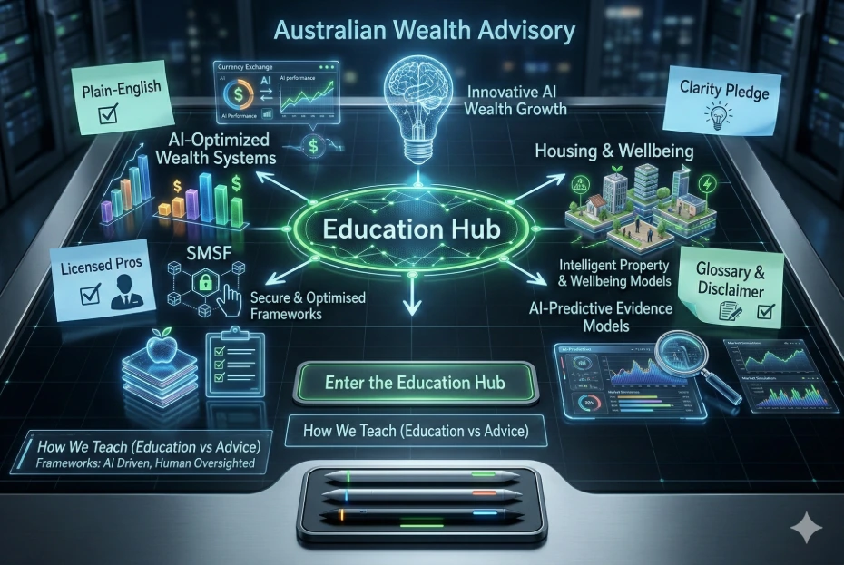 Futuristic digital mind map for the Australian Wealth Advisory Education Hub, illustrating the integration of AI-optimized wealth systems and predictive modeling, balanced with human oversight from licensed professionals.