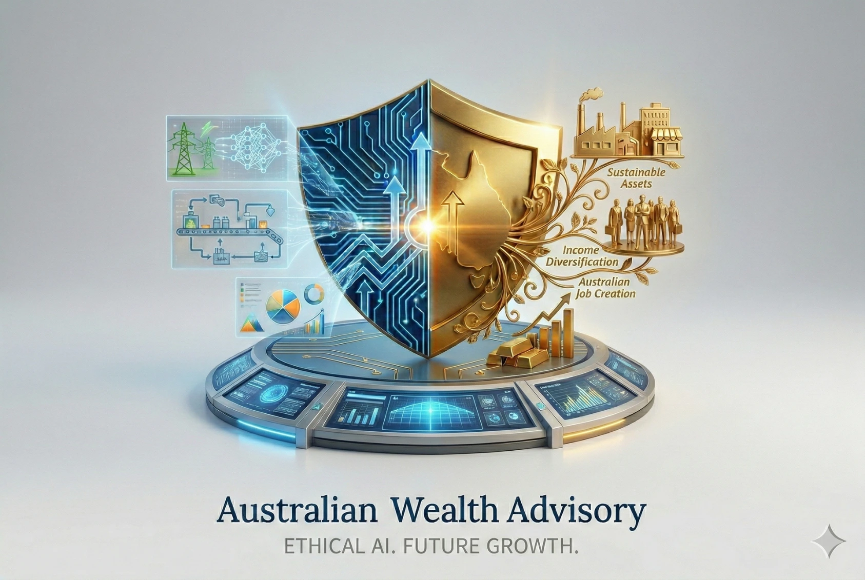 Australian Wealth Advisory | Ethical AI. Future Growth. Official Australian Wealth Advisory logo. A central shield split into a blue AI circuit board with upward arrows and a gold map of Australia, accompanied by the text 'Australian Wealth Advisory' and the tagline 'ETHICAL AI. FUTURE GROWTH.