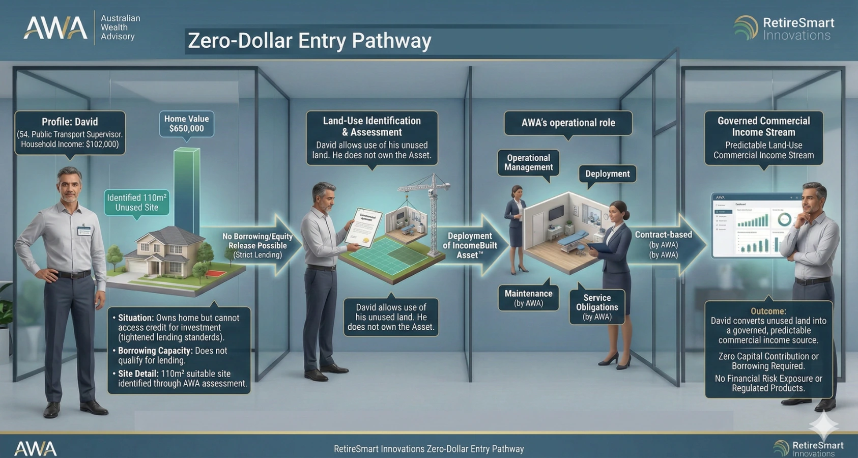 Zero-Dollar Entry Pathway: Monetizing Unused Land Without Capital Contribution Educational diagram explaining the Zero-Dollar Entry Pathway by Australian Wealth Advisory. It depicts a hypothetical 54-year-old homeowner who cannot access credit. AWA deploys and manages an IncomeBuilt Asset on his unused land. The homeowner receives a predictable commercial income stream for the land use, requiring zero upfront capital, no borrowing, and no exposure to regulated market products.
