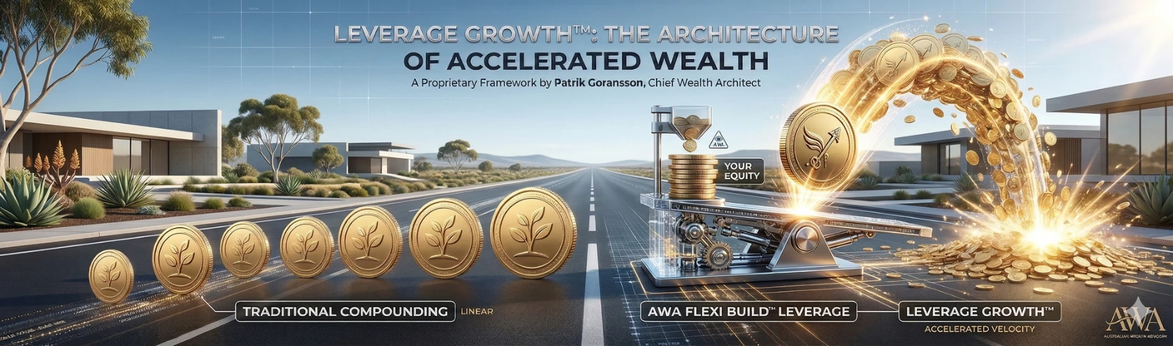 Detailed infographic titled Leverage Growth: The Architecture of Accelerated Wealth by Patrik Goransson. It visually compares a traditional linear 30-year mortgage repayment path against the AWA Flexi-Build Leverage System, illustrating how dormant equity is utilized to target early debt elimination and long-term legacy creation.