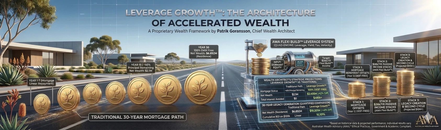 Visual infographic detailing the Leverage Growth™ wealth framework by Patrik Goransson at AWA. The graphic contrasts a linear 30-year traditional mortgage path against an accelerated system that utilizes dormant equity and the AWA Flexi-Build™ strategy to target accelerated debt reduction and increased long-term net wealth.