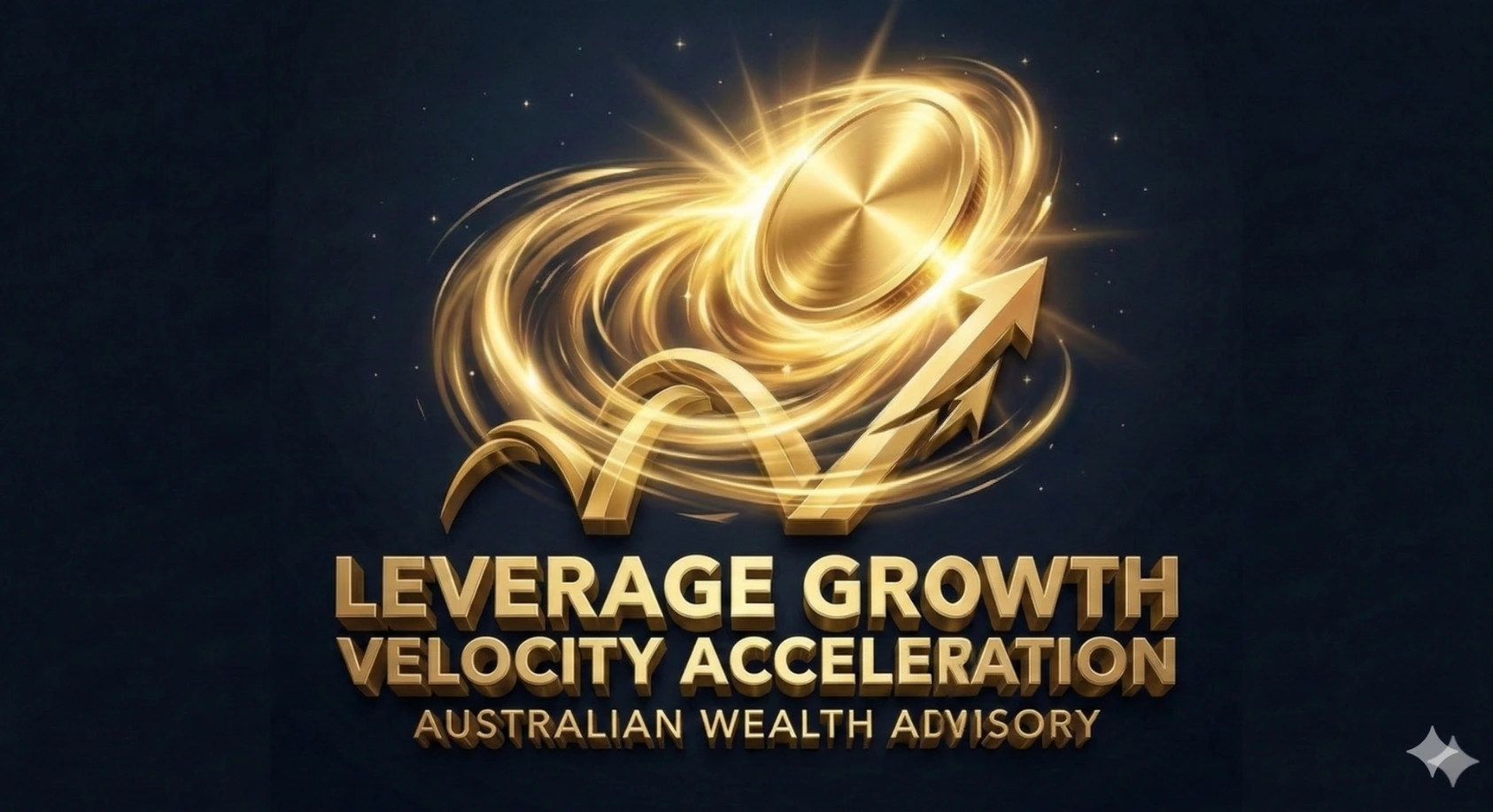 Australian Wealth Advisory logo for the Leverage Growth Velocity Acceleration framework, featuring 3D gold text, a dynamic upward arrow, and a glowing coin on a dark background.