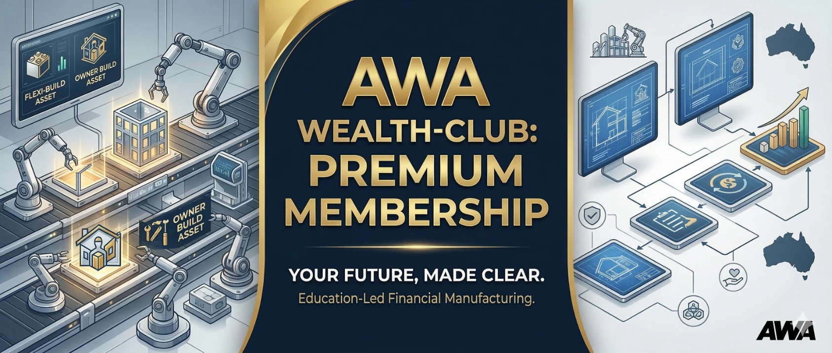 A 3D illustration of AWA's banner showing Innovation and efficient use of AI to promote job growth and Innovation efficiency bt Australian Wealth Advisory