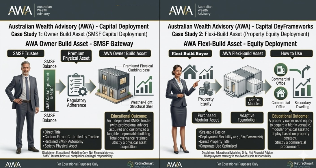 a 3D Illustration of 2 simulated case studies using the Owner Build Asset & Flexi-Build Asset by Australian Wealth Advisory.